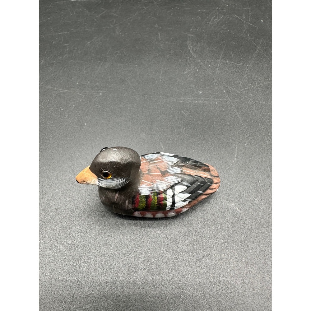 Hand Painted Clay Duck Figurine with Glass Eyes Folk Art Pottery Detailled Bird